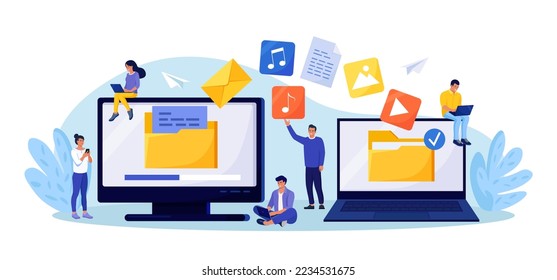 File Transfer. Two computers with folders on screen, transferred documents. Copy files, data exchange, backup. Saving document on storage. Digital data migration between devices. People sharing files