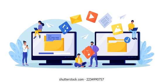 File Transfer. Two computers with folders on screen, transferred documents. Copy files, data exchange, backup. Saving document on storage. Digital data migration between devices. People sharing files