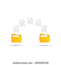 File transfer. Two folders transferred documents. Copy files, data exchange, backup. Vector stock illustration.