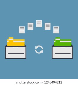 File transfer. Two folders transferred documents. Copy files, data exchange, backup, PC migration, sharing concepts. Vector illustration