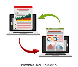 File transfer. Two laptops with document on screen and transferred documents. Copy files, data exchange, backup, PC migration, file sharing concepts. Flat design graphic elements. Vector illustration