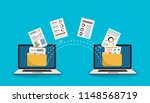 File transfer. Two laptops with folders on screen and transferred documents. Copy files, data exchange, backup, PC migration, file sharing concepts. Flat design graphic elements. Vector illustration