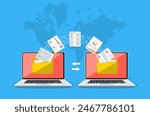 File transfer. Two laptops with folders on screen and transferred documents. Copy files, data exchange, backup, PC migration, file sharing concepts. vector illustration in flat design