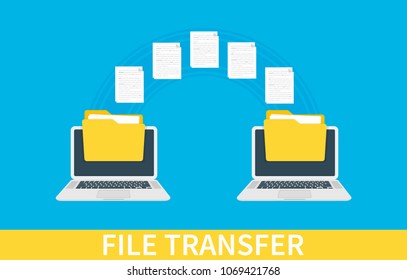 File transfer. Two laptops with folders on screen and transferred documents. Copy files, data exchange, backup, PC migration, file sharing concepts. Vector illustration