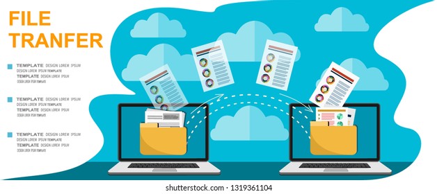 File transfer. Two laptops with folders on screen and transferred documents. Copy files, data exchange, backup, PC migration, file sharing concepts. Flat design graphic elements. Vector illustration