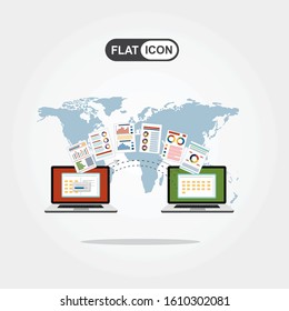 File transfer. Two laptops with folders on screen and transferred documents. Copy files, data exchange, backup, PC migration, file sharing concepts. Flat design graphic elements. Vector illustration