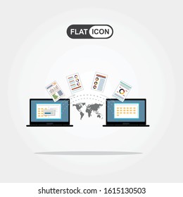 File transfer. Two laptops with folders on screen and transferred documents. Copy files, data exchange, backup, PC migration, file sharing concepts. Flat design graphic elements. Vector illustration