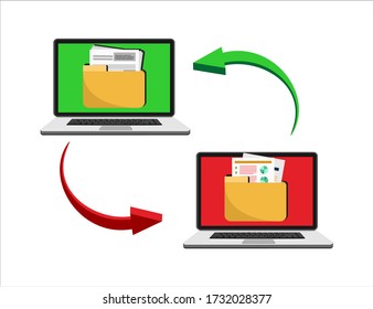 File transfer. Two laptops with folders on screen and transferred documents. Copy files, data exchange, backup, PC migration, file sharing concepts. Flat design graphic elements. Vector illustration