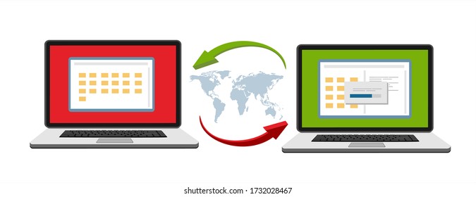 Transferencia de archivos. Dos laptops con carpetas en pantalla y documentos transferidos. Copiar archivos, intercambio de datos, copia de seguridad, migración de PC, conceptos de uso compartido de archivos. Elementos gráficos de diseño plano. Ilustración del vector