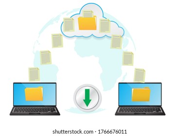 Transferencia de archivos. Dos laptops con carpetas en pantalla y documentos transferidos. Ilustración del vector
