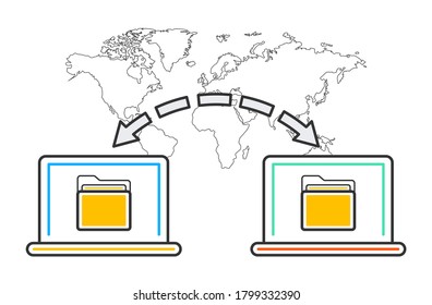 File transfer. Two laptops with folders on screen and transferred documents. Vector illustration.