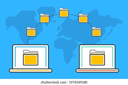 File transfer. Two laptops with folders on screen and transferred documents. Files transferred encrypted form. Vector illustration.