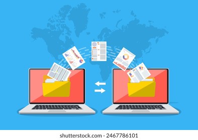 File transfer. Two laptops with folders on screen and transferred documents. Copy files, data exchange, backup, PC migration, file sharing concepts. vector illustration in flat design