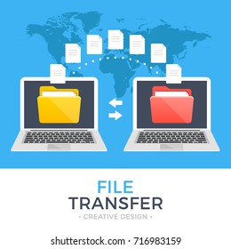 File transfer. Two laptops with folders on screen and transferred documents. Copy files, data exchange, backup, PC migration, file sharing concepts. Flat design graphic elements. Vector illustration