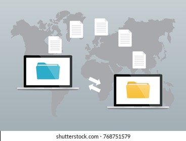 File transfer. Two laptops with folders on screen and transferred documents. Copy files, data exchange, backup, PC migration, file sharing concepts. Flat design graphic elements. Vector illustration