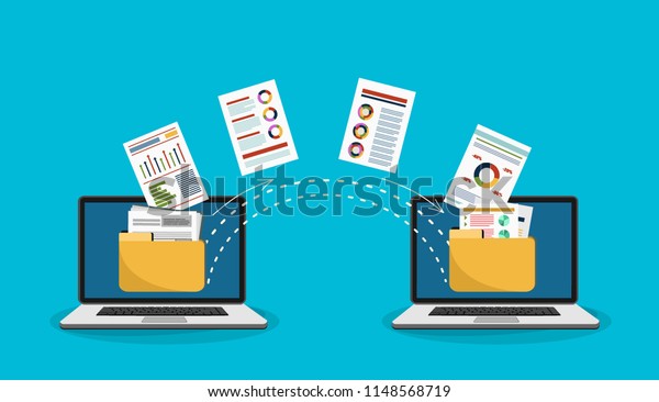 File transfer. Two laptops with folders on\
screen and transferred documents. Copy files, data exchange,\
backup, PC migration, file sharing concepts. Flat design graphic\
elements. Vector\
illustration