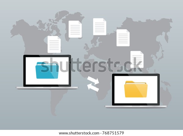 ファイル転送 2台のノートパソコン 画面上にフォルダと転送されたドキュメントを含む ファイルのコピー データ交換 バックアップ Pc の移行 ファイル共有のコンセプトフラットデザイングラフィックエレメント ベクターイラスト のベクター画像素材 ロイヤリティ