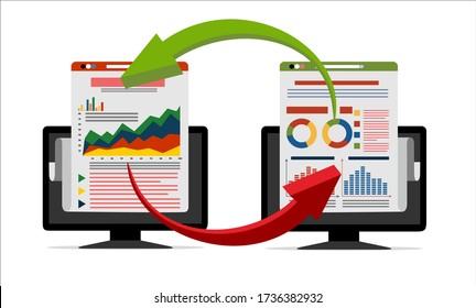 File transfer. Two PC with document on screen and transferred documents. Copy files, data exchange, backup, PC migration, file sharing concepts. Flat design graphic elements. Vector illustration