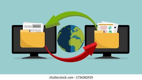 Dateiübertragung Zwei PC mit Ordnern auf dem Bildschirm und übertragenen Dokumenten. Kopieren von Dateien, Datenaustausch, Backup, PC-Migration, Konzepte für die gemeinsame Nutzung von Dateien. Flachbild-Grafikelemente. Vektor-Abbildung
