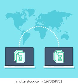 File transfer vector concept. Laptop computer connection technology. Uploading file graphic.