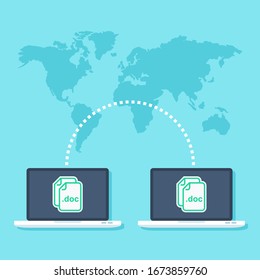 Vektorillustration von Dateiübertragungen Laptop-Computer-Verbindungstechnik. Hochladen der Dateigrafik.