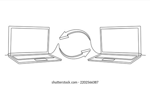 Transferencia de archivos.Dibujo continuo en línea de dos laptops con carpetas en pantalla y documentos transferidos. Copiar archivos, intercambio de datos, copia de seguridad, migración de PC, conceptos de uso compartido de archivos.