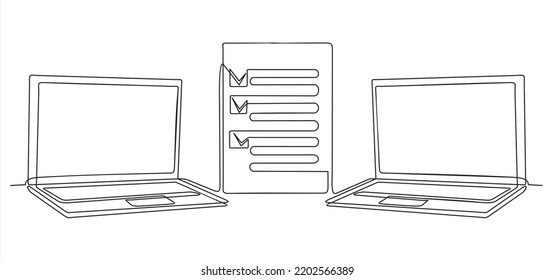 Transferencia de archivos.Dibujo continuo en línea de dos laptops con carpetas en pantalla y documentos transferidos. Copiar archivos, intercambio de datos, copia de seguridad, migración de PC, conceptos de uso compartido de archivos.