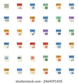 File type collection, File format flat icons set, Colorful symbols pack contains - audio, video, documents extension. Vector illustration. Flat style design