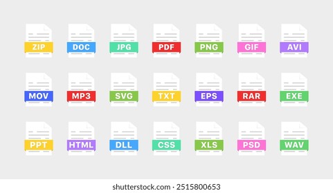 File type collection icons. Flat style. Vector icons.