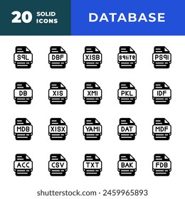 Icono de base de datos de tipo de archivo Set. archivos de documento e iconos de símbolo de extensión de formato. con un estilo sólido. Ilustración vectorial.