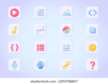 File type, document format icon set: avi, txt, mp3, png, zip, ai, html, pdf. Large file 3d vector icon collection for mobile or desktop application. Three dimensional vector colourful pictogram set.  svg