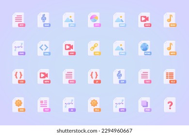 File type, document format icon set. Large file 3d vector icon collection  for website, print, banner, mobile or desktop application. Three dimensional vector colourful pictogram. 