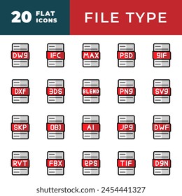 Tipo de archivo conjunto de iconos planos. archivos y documentos iconos de diseño de relleno negro. Ilustración vectorial.