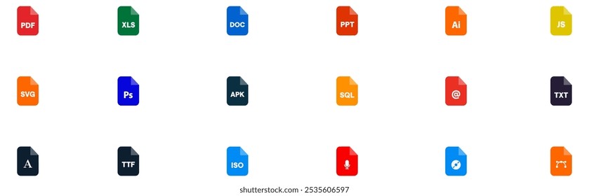 File type icon. Document file type format. File formats in flat design. File and documents extensions. Icons for ui. Vector illustration. Vector Graphic. EPS 10