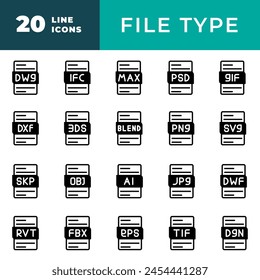 File type icon set. documents and files black fill design icons. Vector illustration.