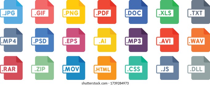 File type icon set - File extensions  - Colored file type and document in flat style design - Popular files format sign – Isolated vector illustration