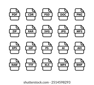 Conjunto de ícones de tipo de arquivo. Ícone de formato e documento de arquivos em design de estilo simples. Conjunto de formatos de arquivo de documento e ícones de rótulo.