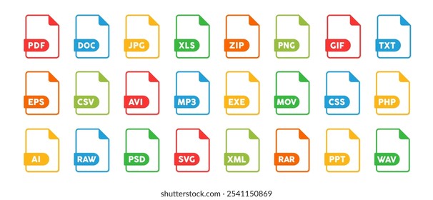 Conjunto de iconos de tipo de archivo, tipo de formato de archivo Vector, PNG, JPEG, PDF, DOC y otra extensión de archivo. Variedad de formatos de archivo para tecnología o contenido de datos