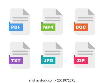 Conjunto de iconos de tipo de archivo. Formato de los documentos. Extensiones de archivo. Tipo de archivo y documento de color con un estilo plano. Icons TXT, DOC, PDF, MP4, ZIP, JPG para descargar en el ordenador. 