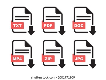 File type icon set. Format of documents. File extensions. Simple file type and document in flat style. Icons TXT, DOC, PDF, MP4, ZIP, JPG  for download on computer. 