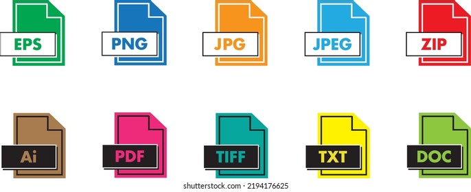 File type icon set. Format of documents. File extensions. Colored file type and document in flat style. Icons  for download 
