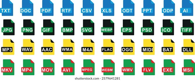 File type icon set, file format vector illustration for document, audio, video and image. TXT, DOC, PDF, RTF, CSV, XLS, ODT, PPT, ODP, AI, JPG, PNG, GIF, BMP, WEBP, EPS, PSD, ICO, TIFF, MP3, WAV