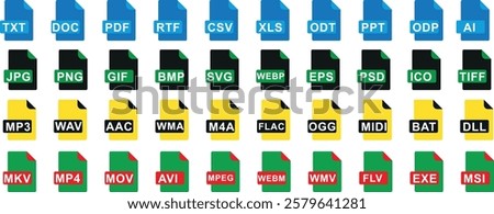 File type icon set, file format vector illustration for document, audio, video and image. TXT, DOC, PDF, RTF, CSV, XLS, ODT, PPT, ODP, AI, JPG, PNG, GIF, BMP, WEBP, EPS, PSD, ICO, TIFF, MP3, WAV