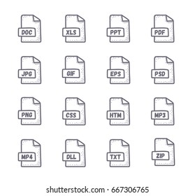 File Type Icon set. Hand drawn illustration. Line style.