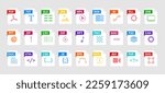File Type icon set. Popular files format and document. Format and extension of documents. Set of graphic templates audio, video, image, system, archive, code and document file. Vector illustration.