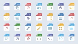 File Type Icon Set. Popular Files Format And Document In Flat Style Design. Format And Extension Of Documents. Set Of Graphic Templates Audio, Video, Image, System, Archive, Code And Document File