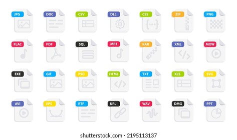 File type icon set. Popular files format and document in flat style design. Format and extension of documents. Set of graphic templates audio, video, image, system, archive, code and document file