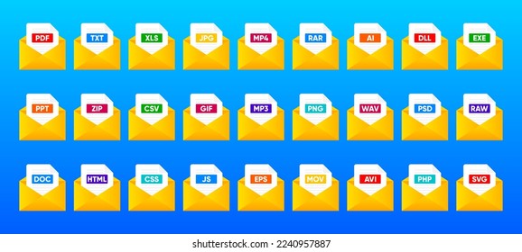 File Type icon set. Popular files format and document. Format and extension of documents. Set of graphic templates audio, video, image, system, archive, code and document file. Vector illustration.