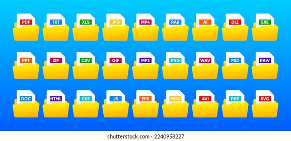 File Type icon set. Popular files format and document. Format and extension of documents. Set of graphic templates audio, video, image, system, archive, code and document file. Vector illustration.