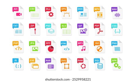 File Type icon set. Popular files format and document. Format and extension of documents.	